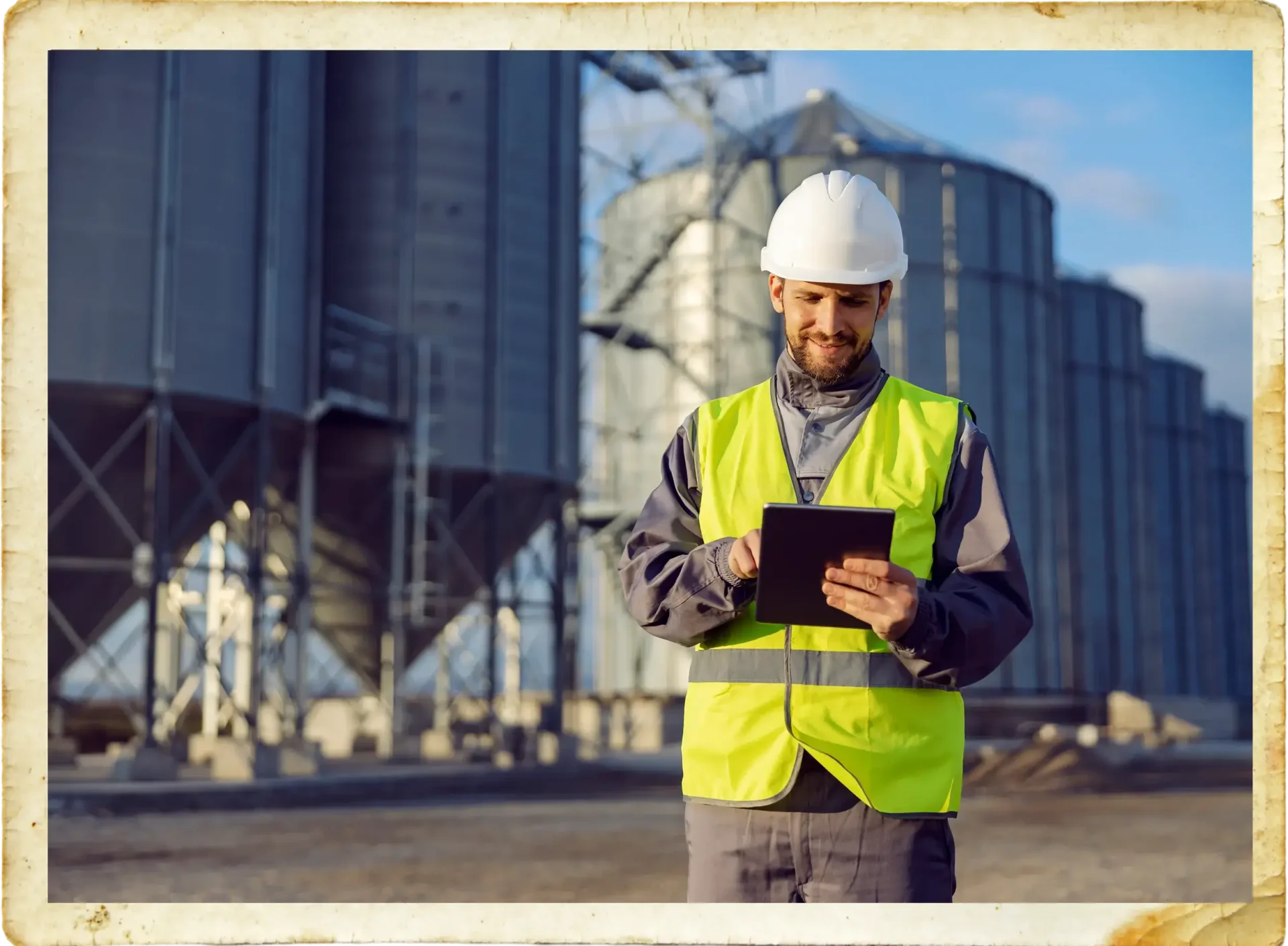 Worker using tablet at industrial site